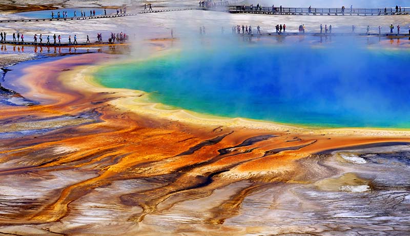 Grand Prismatic Spring Yellowstone National Park Tourists Viewing Spectacular Scene