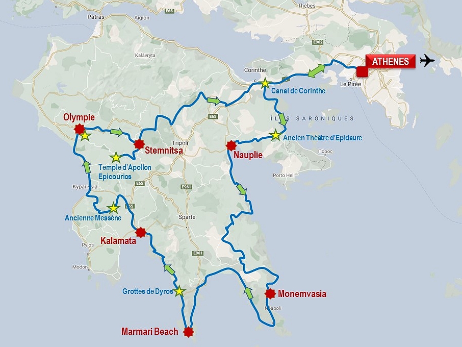Carte du circuit en moto La Grèce et le Péloponnèse